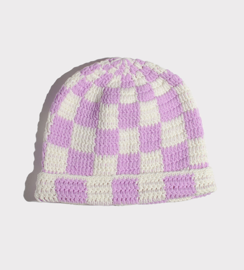Lavender and Cream Checkered Beanie