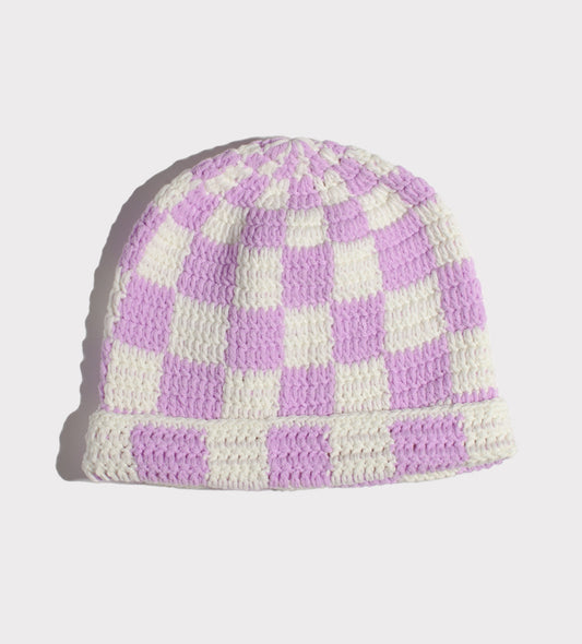 Lavender and Cream Checkered Beanie