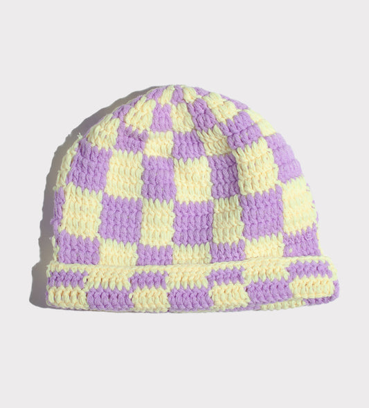 Lavender and Pale Yellow Checkered Beanie