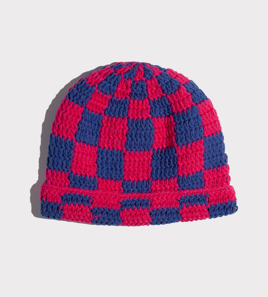 Navy and Fuchsia Checkered Beanie