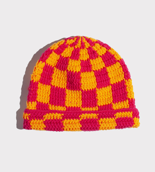 Tangerine and Fuchsia Checkered Beanie