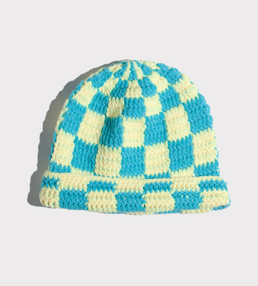 Yellow and Turquoise Checkered Beanie