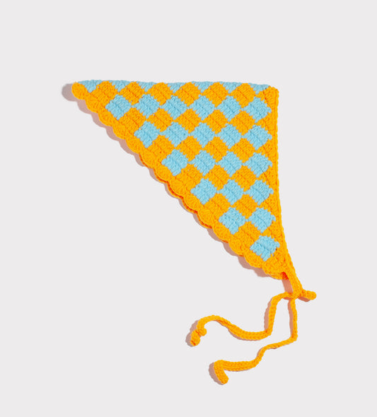 Tangerine and Sky Blue Checkered Crochet Bandana